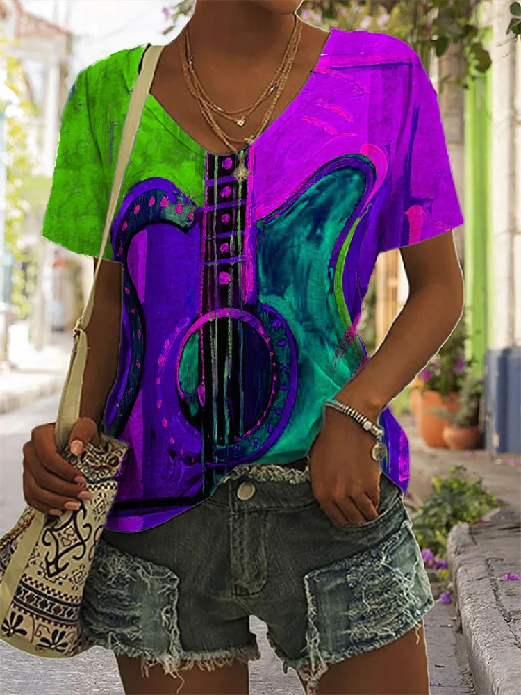 Music Lover Guitar Contrast Painting V Neck T Shirt