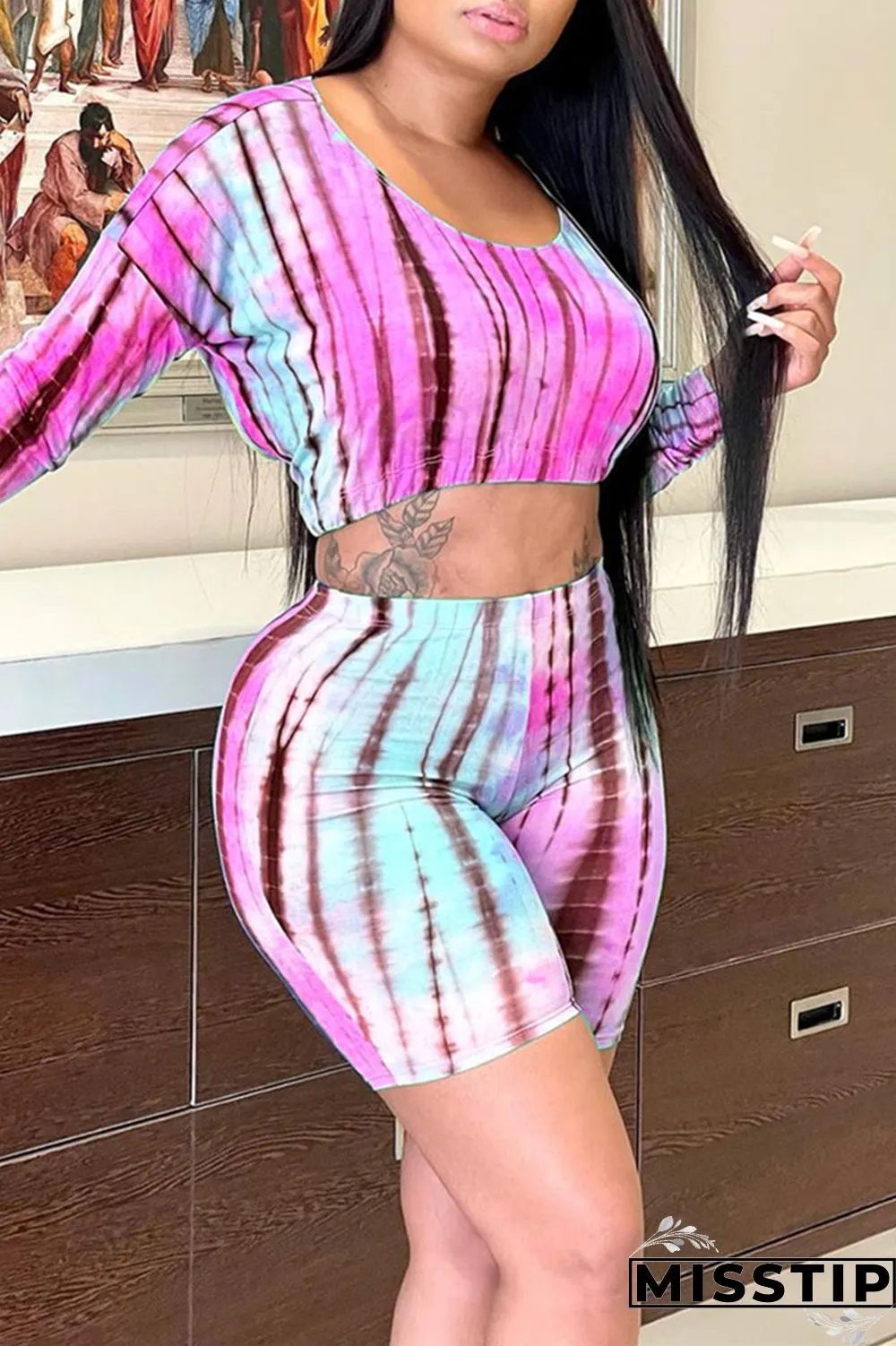 Light Blue Fashion Casual Print Tie-dye O Neck Long Sleeve Two Pieces