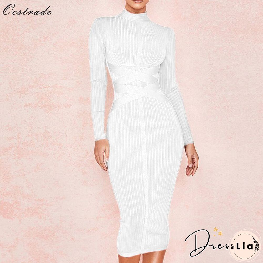 Ocstrade Bodycon Dress Nude Turtleneck Rayon Long Sleeve Bandage Dress High Quality Ribbed Womens Midi Bandage Dress Sexy