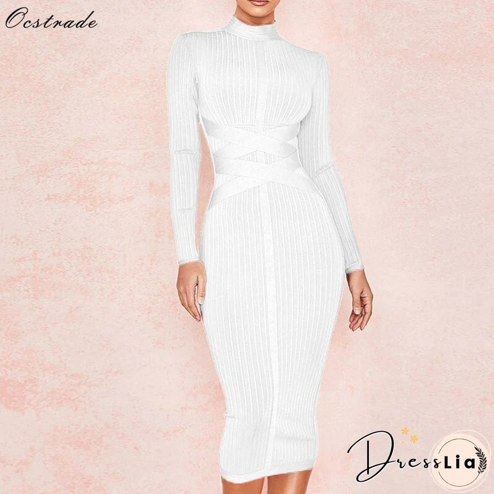 Ocstrade Bodycon Dress Nude Turtleneck Rayon Long Sleeve Bandage Dress High Quality Ribbed Womens Midi Bandage Dress Sexy