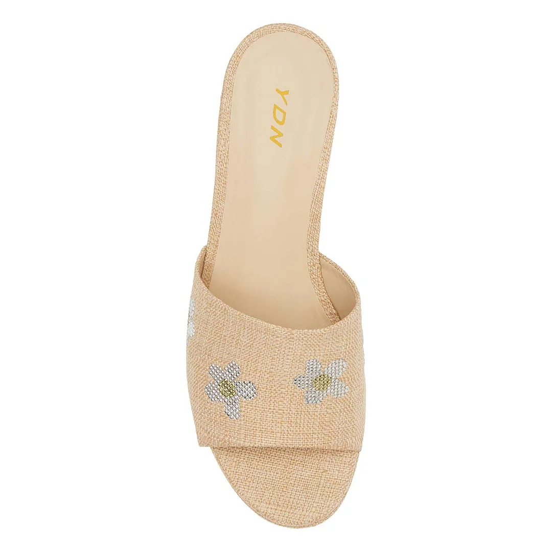 Beige Fabric Open Toe Platform Mules with Studded Flowers