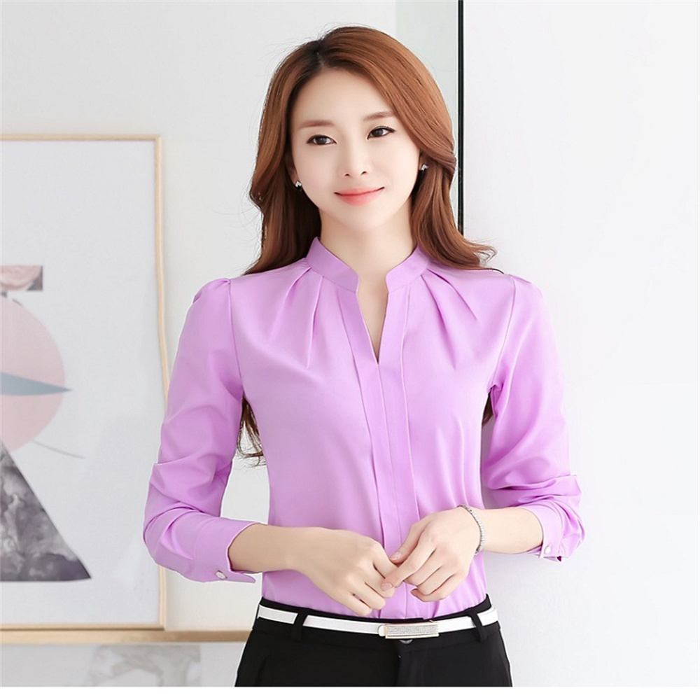 Txplogictic Female Blusas Mujer 2025 Spring Fashion V-neck Office Ladies Tops Solid Pink Blouse Women Long Sleeve Women Shirts Women Blouses