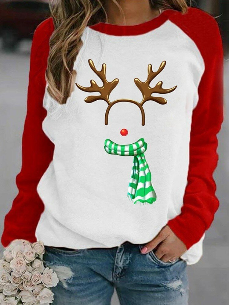 Christmas Snowman Print O neck Long Sleeve Casual T shirt for Women P1797888