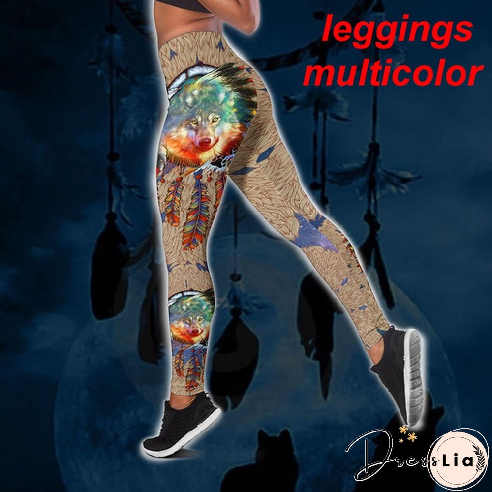 Women Wolf Native American 3D All Over Printed Legging + Hollow Tank Sleeveless Shirt Summer Vest for Women Plus Size Yoga Tank Tops Leggings Suit