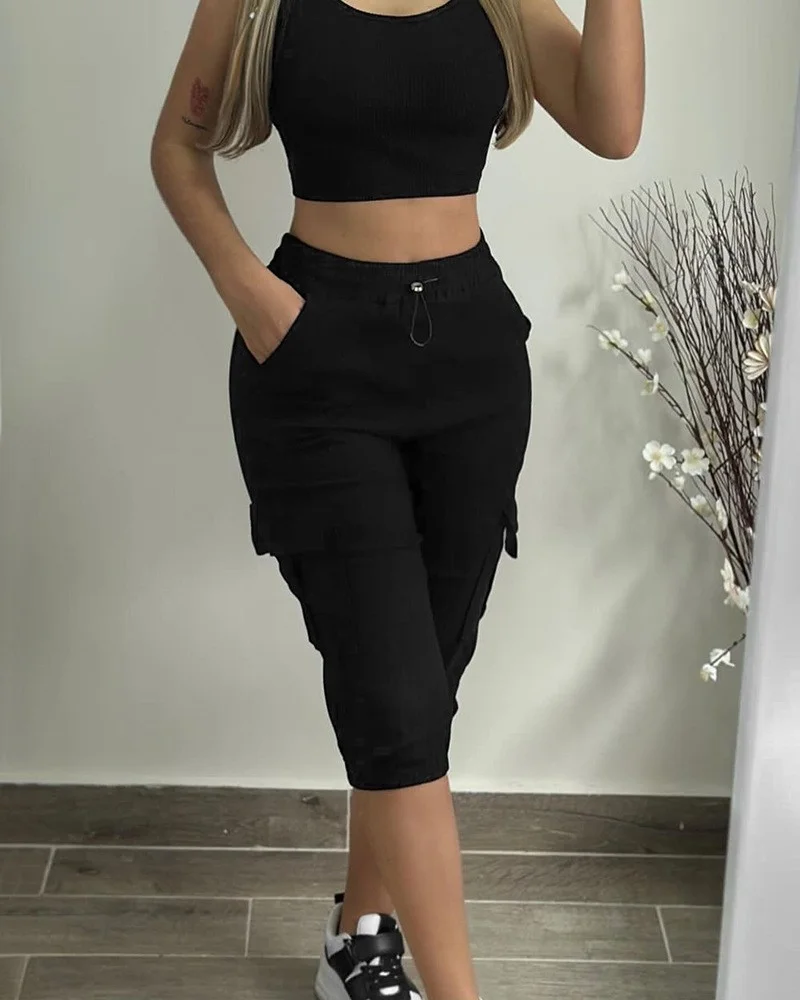 Mongw Mongw Women's Wear Tight Waist Slim Show Slim Casual Multi-Pocket Solid Color Cropped Pants