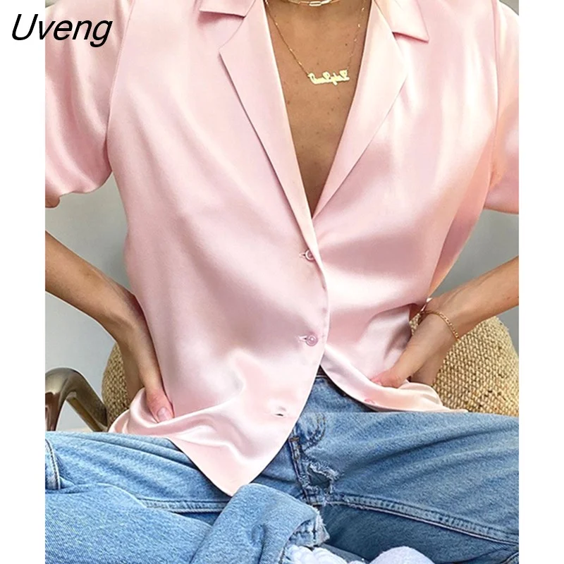 Uveng Stain Tops And Blouse Short Sleeve Turn Down Collar Comfort Fashion Femme Shirts Button Solid Color 2023 Summer