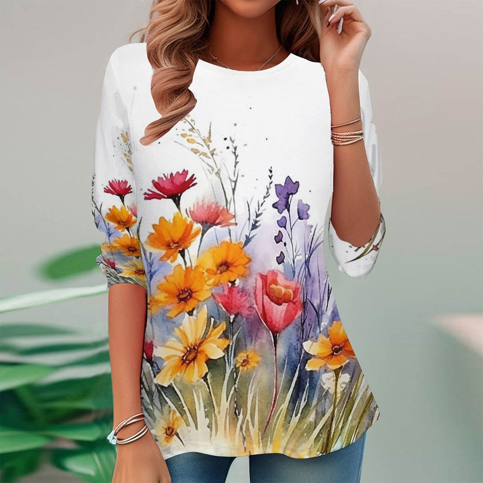 Women Long Sleeve V-neck Graphic Floral Printed Top