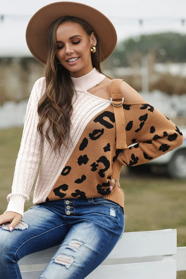 Fitshinling One Shoulder Vintage Sweater Women Clothing Leopard Patchwork Slim Fashion Jumper Autumn New Knitted Pullover Sale