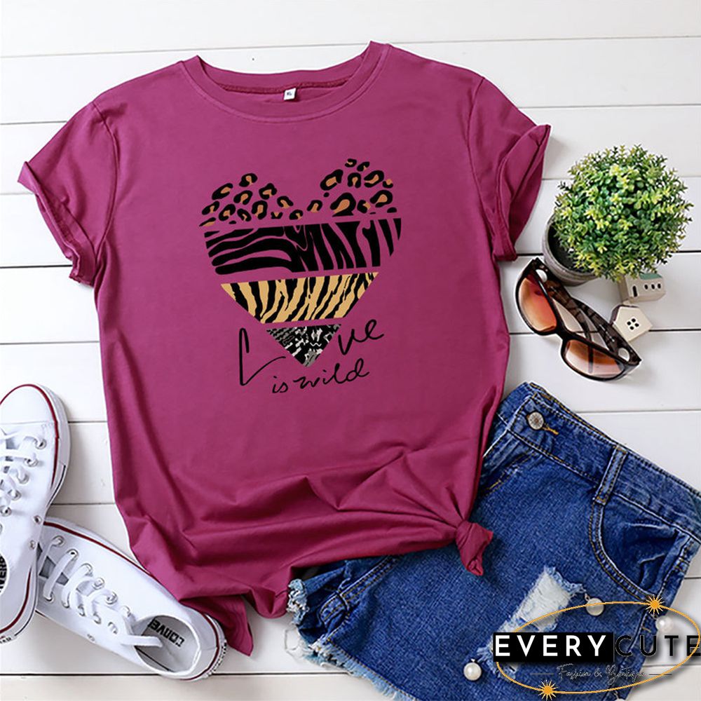 White Woman Tshirts Summer TShirt Fashion Heart Leopard Print Shirt 100%Cotton Tops O Neck Short Sleeve Tees Women Graphic Tee