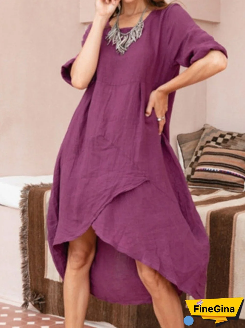 Women Half Sleeve Scoop Neck Solid Color Irregular Casual Dress