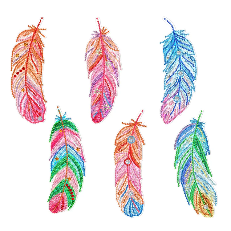 6pcs Point Drill Bookmark Art Craft DIY Single Side Feather with Crystal Pendant