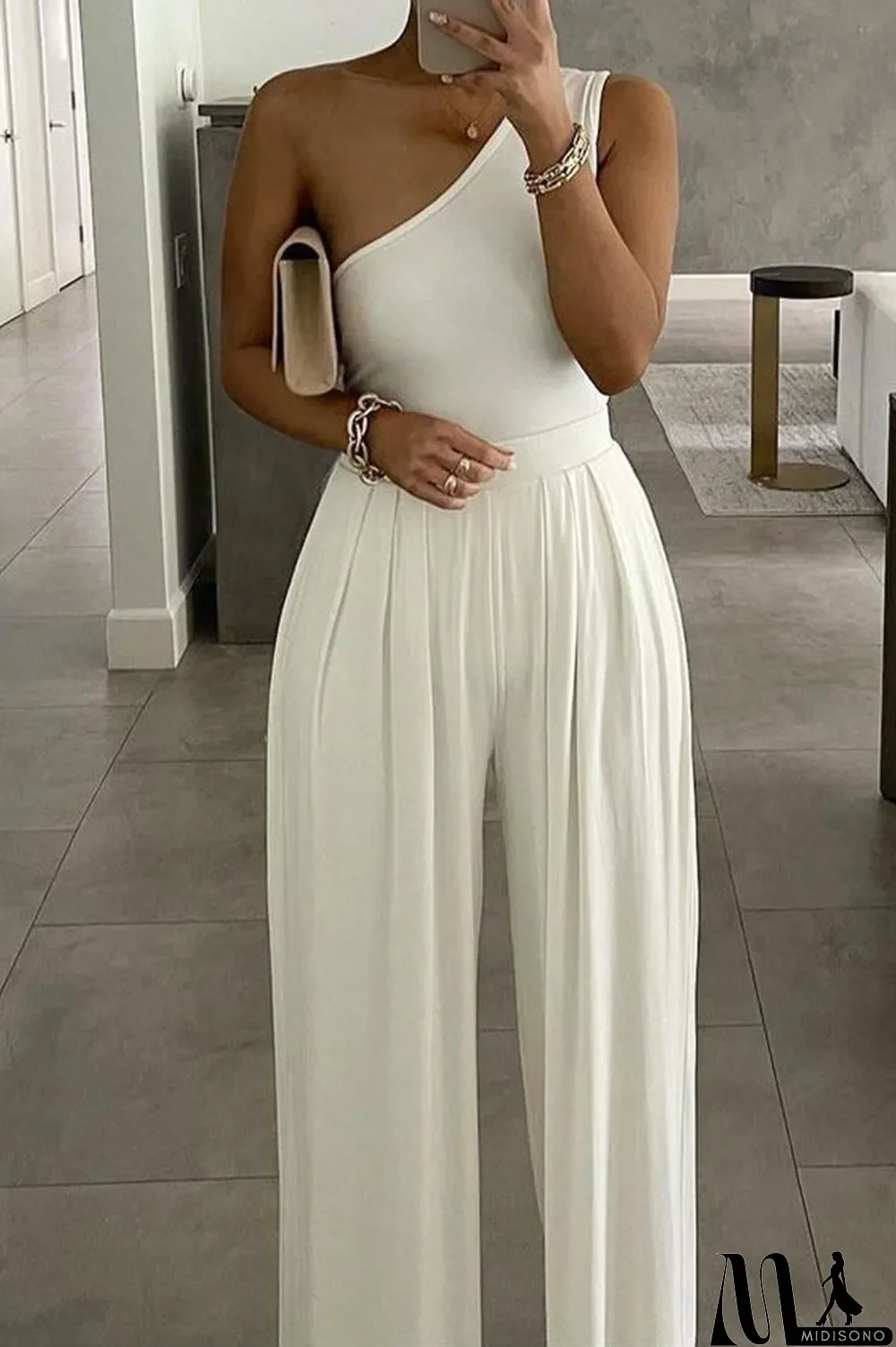 MidiSono - Casual Simplicity Solid Asymmetrical Solid Color One Shoulder Loose Jumpsuits