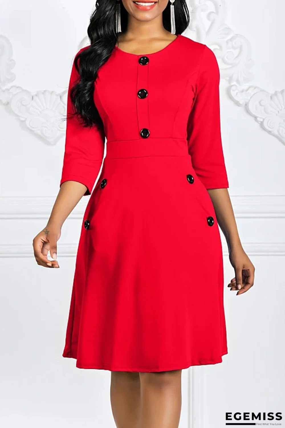 Red Fashion Casual Solid Basic O Neck A Line Dresses | EGEMISS