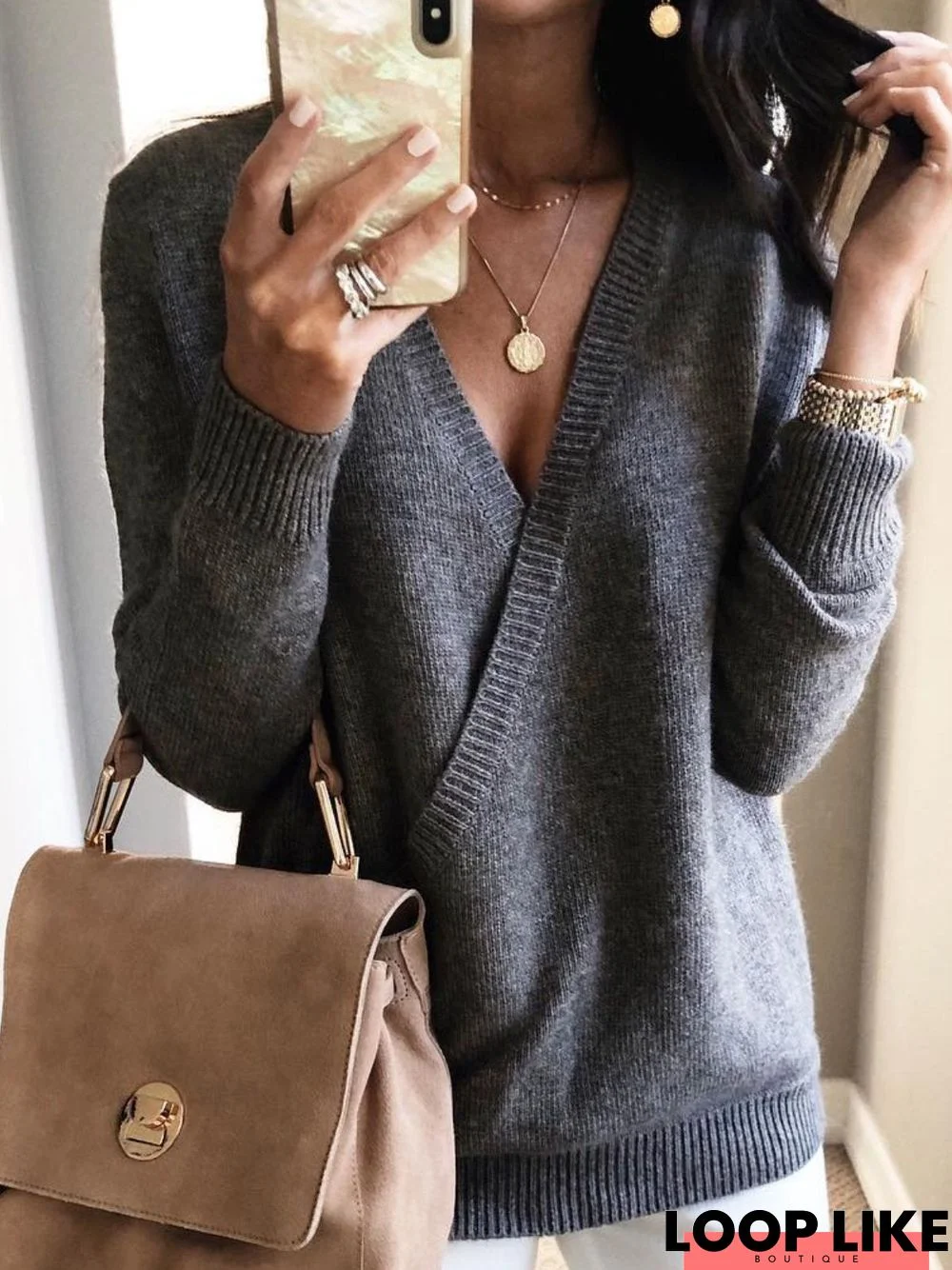 V Neck Solid Casual Sweater