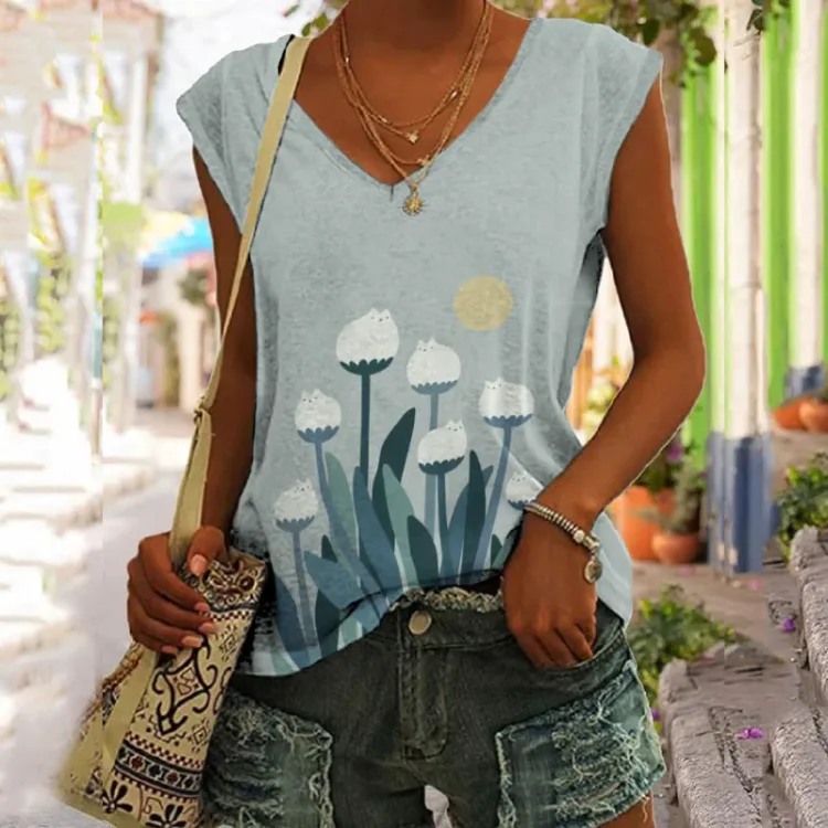 Abstract Creative Spring Cute Cat And Plant Art Painting Art Tank Top