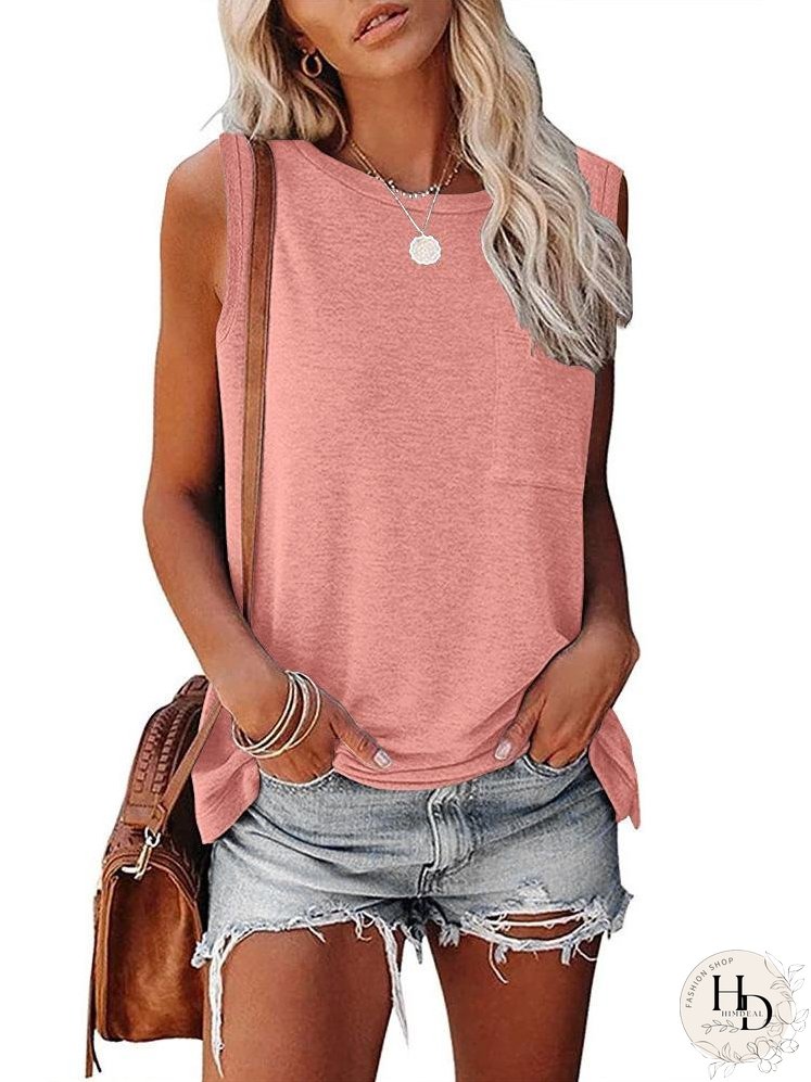 Crew Neck Sleeveless T-Shirt With Side Slits