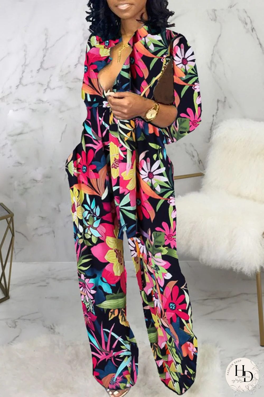 Yellow Casual Print Split Joint V Neck Straight Jumpsuits