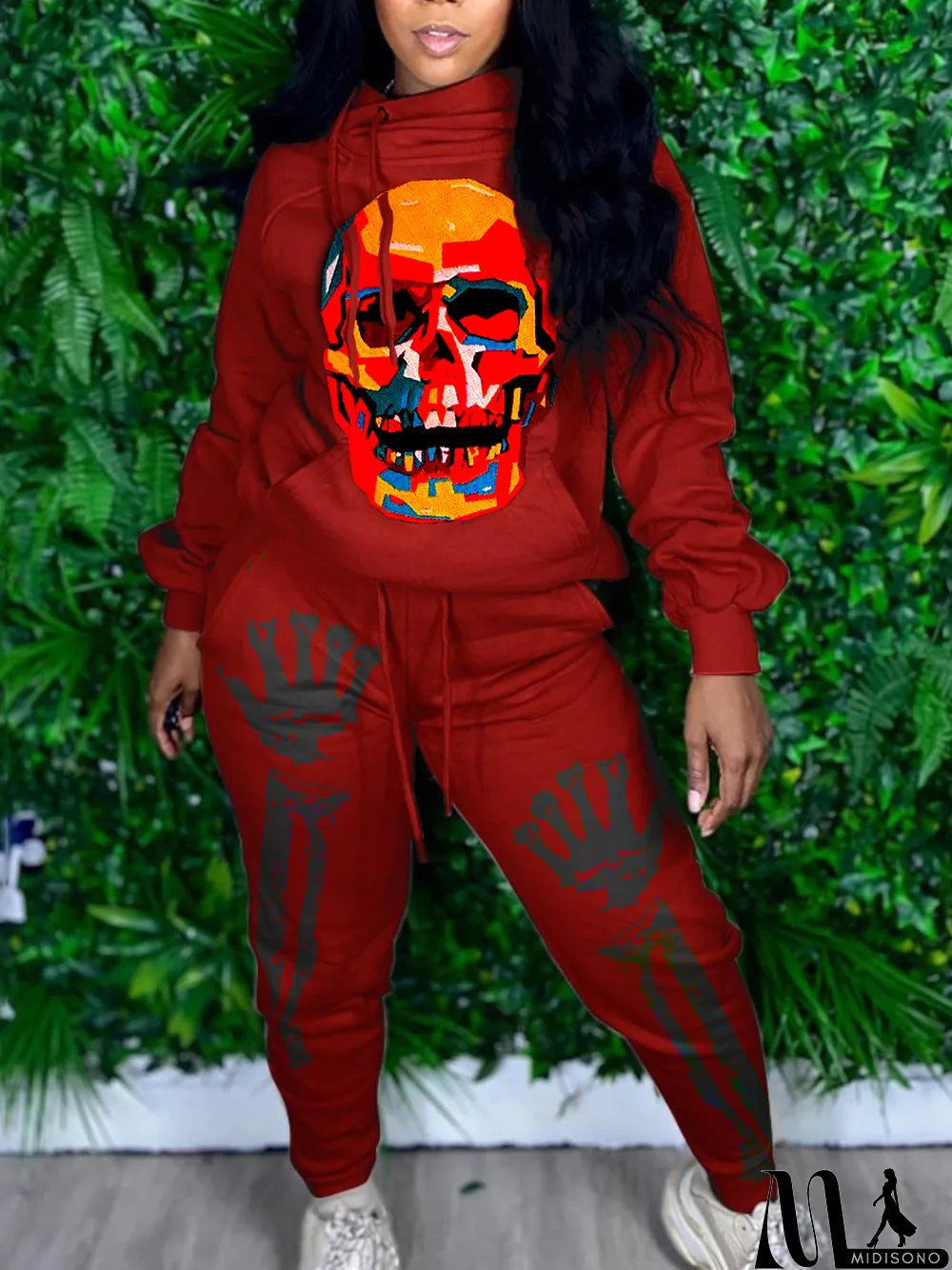 MidiSono - New Autumn Skull Halloween Thick Print Hat Long Suit