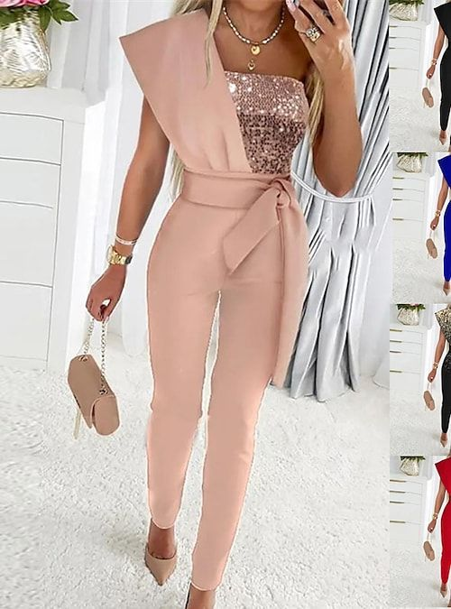 Daisda Glamorous Sequins Pink One Shoulder Sleeveless Tight Belted Jumpsuit