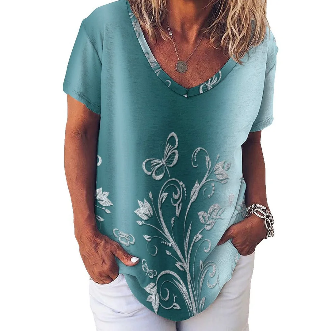 V-neck Short Sleeve Casual T-shirt for  Women Printed with Pattern Floral, Glitter, Blue