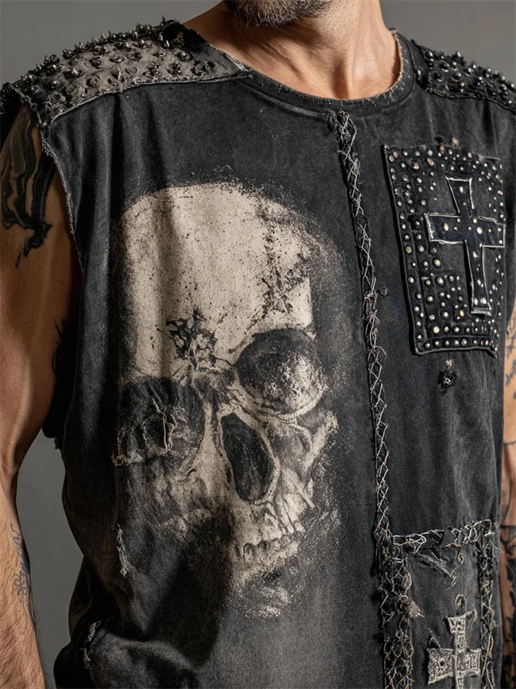 Men's Rock Style Skull & Cross Studded Patchwork Tank Top
