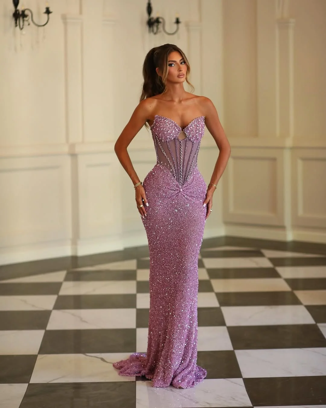 Daisda Sleeveless V-Neck Strapless Prom Dress With Beads