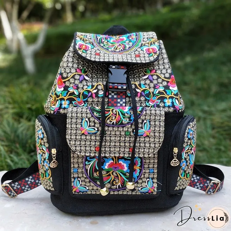 New Embroidery Bag Ethnic Style Bag Women's Large Capacity Canvas Backpack Travel Bag Fabric Art