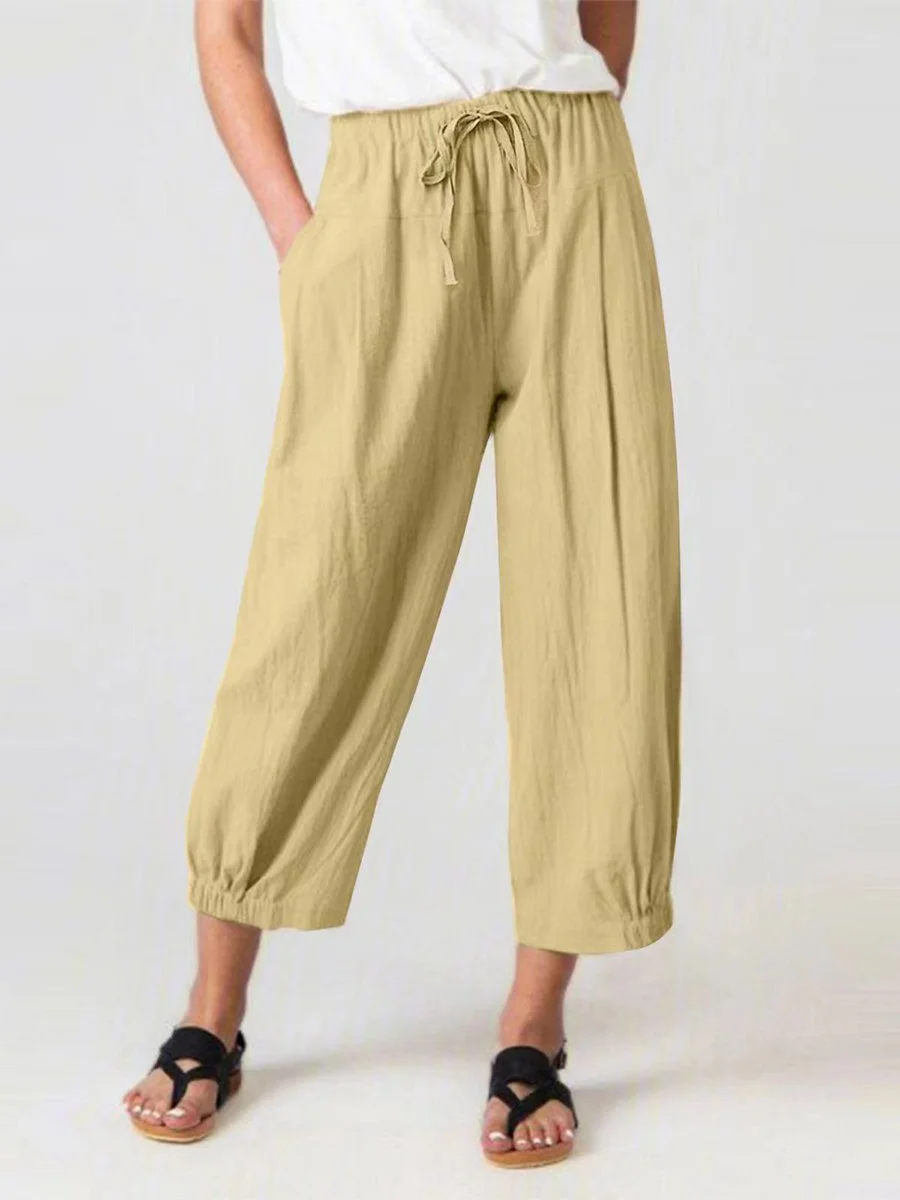 Women's Slacks with Cotton and Linen Drawstring Pockets