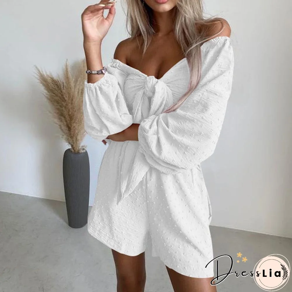 Women Fashion Solid Color Beach Holiday Long Sleeve Shorts Fall 2 Piece Set Sexy High Street Off Shoulder Lace-Up Bow Tops Suits