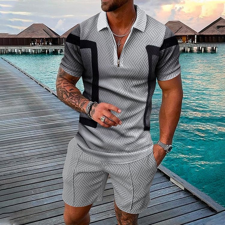 BrosWear Fashion Geometry Polo Shirt And Shorts Two Piece Set