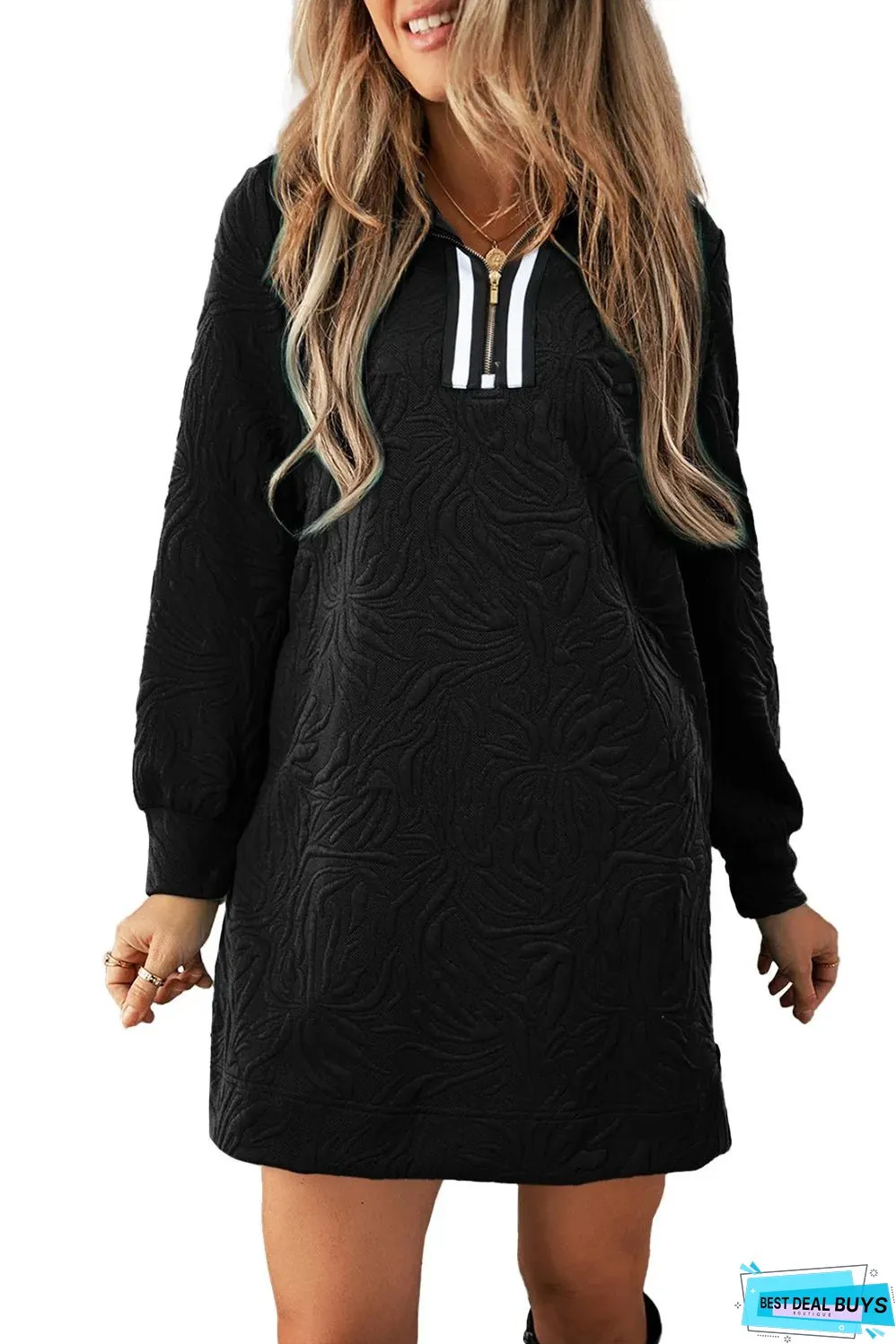 Black Jacquard Textured Quarter Zipper Shift Mini Dress