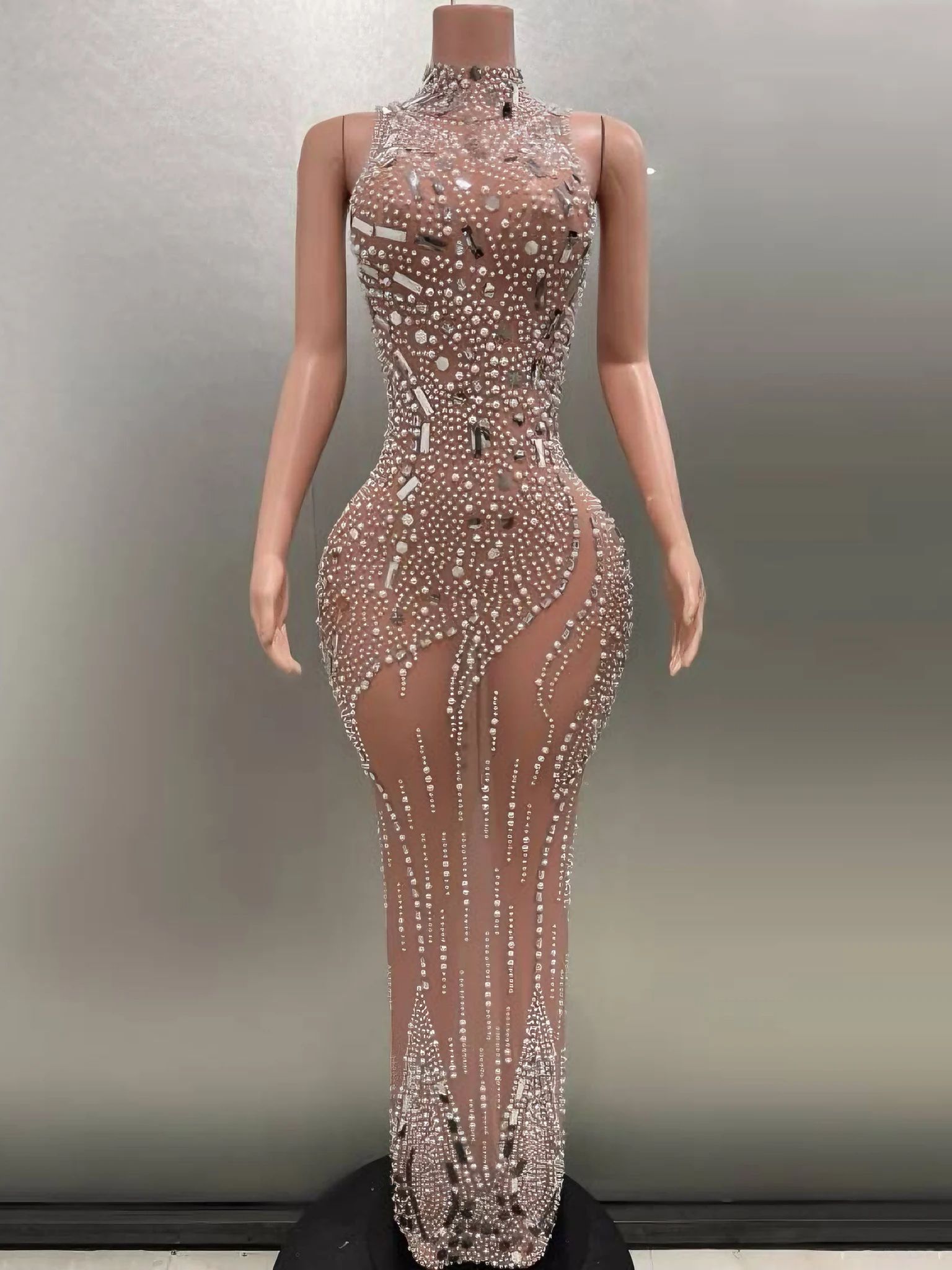 GOOSHOE Pearls Diamonds Sequined See-Through Back Slit Sheath Dress