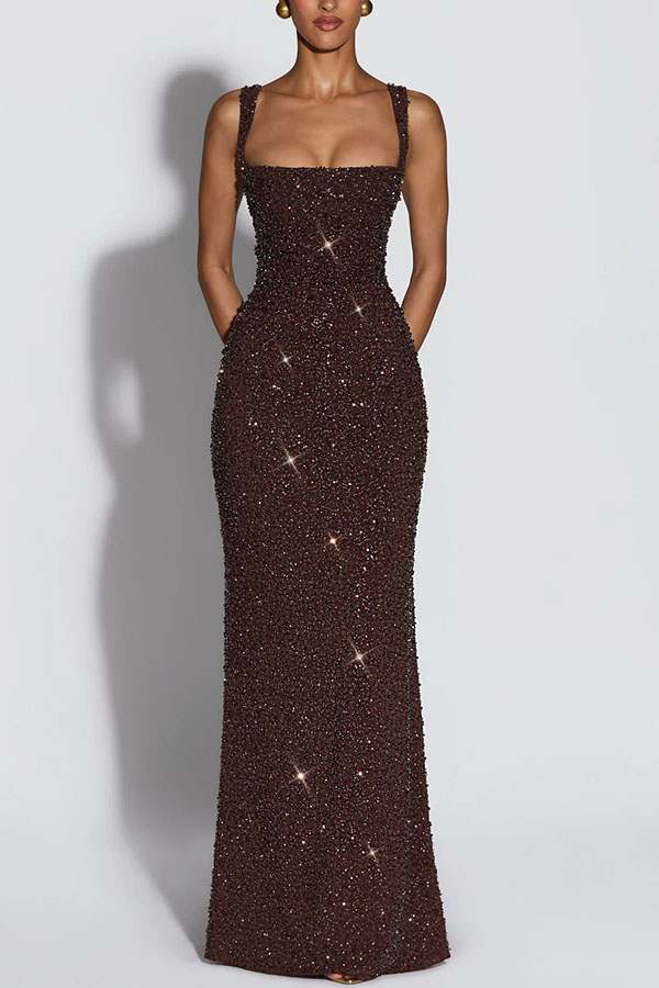 Calanthe Sequin Embellished Chiffon Ruched Square Neck Back Lace-up Maxi Dress mysite idetrend