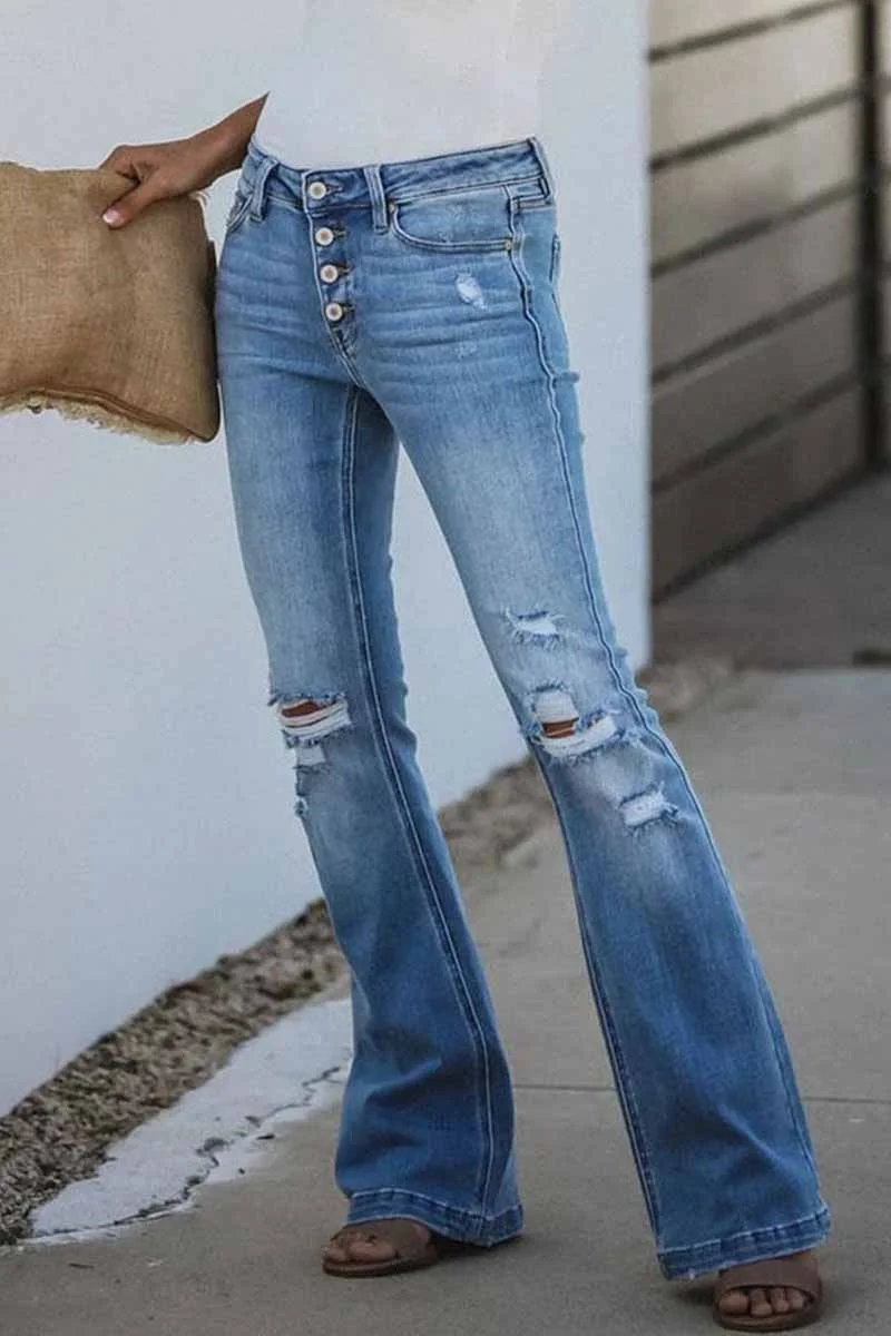 Mid Rise Button Front Flare Denim Jeans