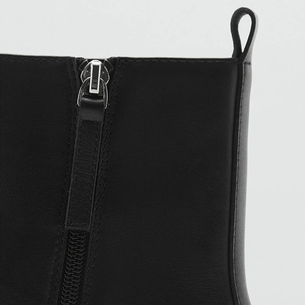 Black Square Toe Chunky Heel Side Zipper Short Boots for Women