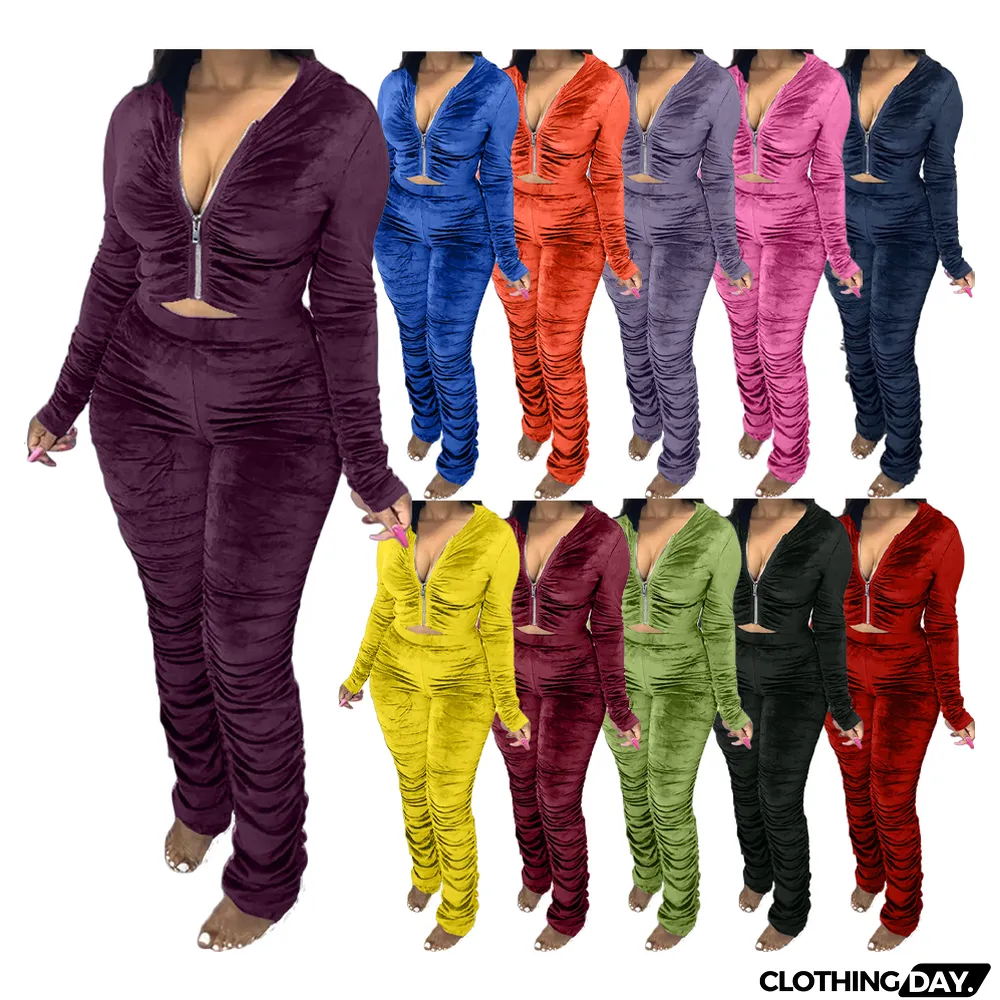 Velvet Pleated Zipper Hooded Jacket Skinny Pants Suit