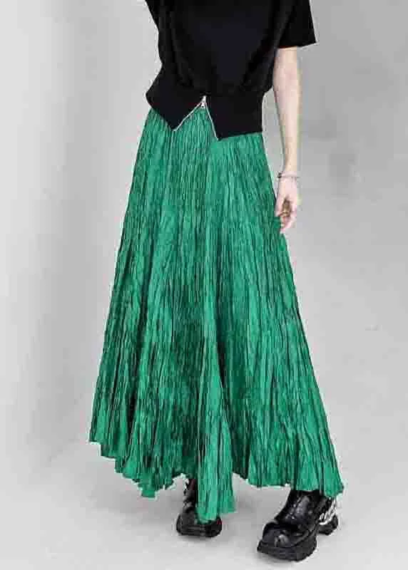Loose Green Wrinkled Elastic Waist Patchwork Cotton Skirts Fall
