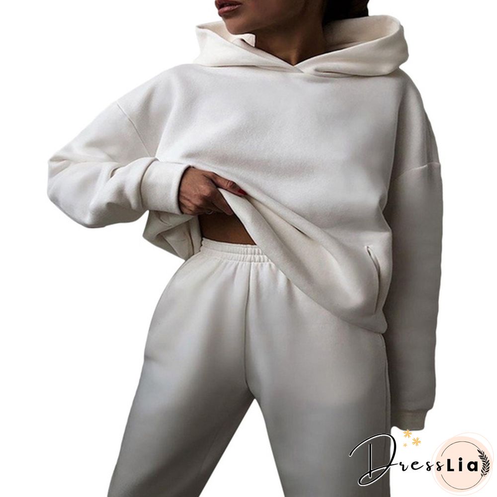 Women Hoodies Two Piece Set Long Sleeve Solid Casual Pocket Sweater Suit Spring Elastic Sport Pants Female Tracksuit