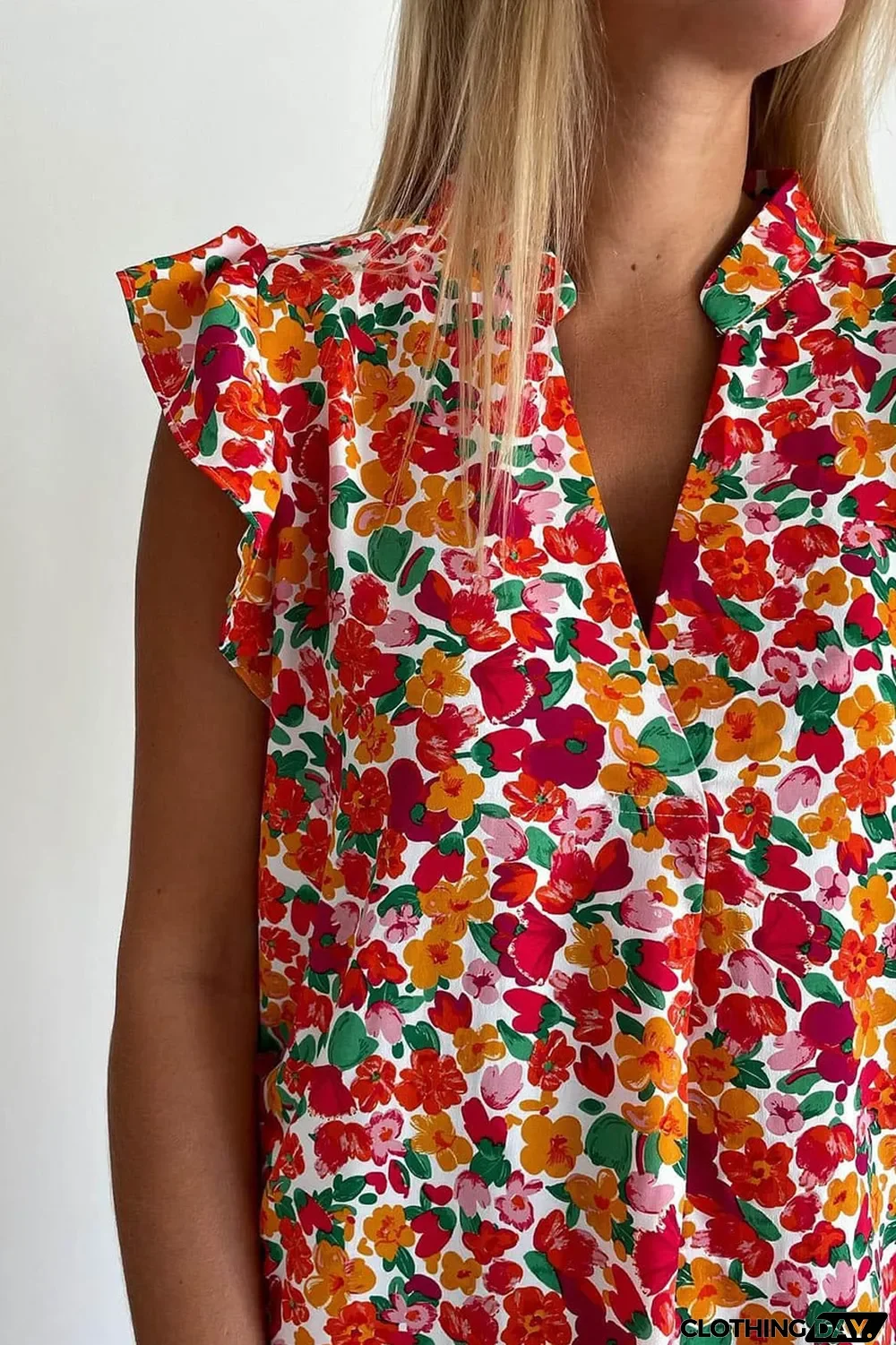 Red Ruffle Sleeve V-Neck Floral Dress