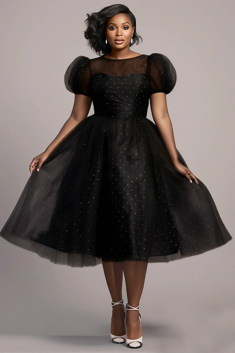 Xpluswear Design Plus Size Cocktail Party Black Round Neck Puff Sleeve Short Sleeve See Through Vintage Tulle Midi Dresses [Pre-Order] 2024 - Xpluswear