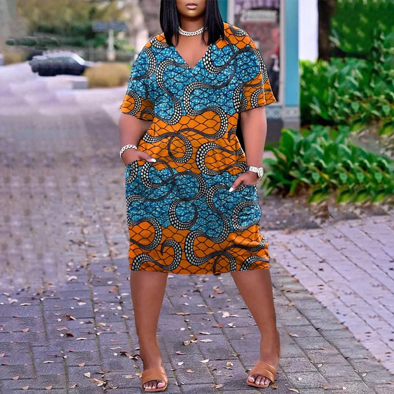 Contrast Geometric Print Casual Midi Dress