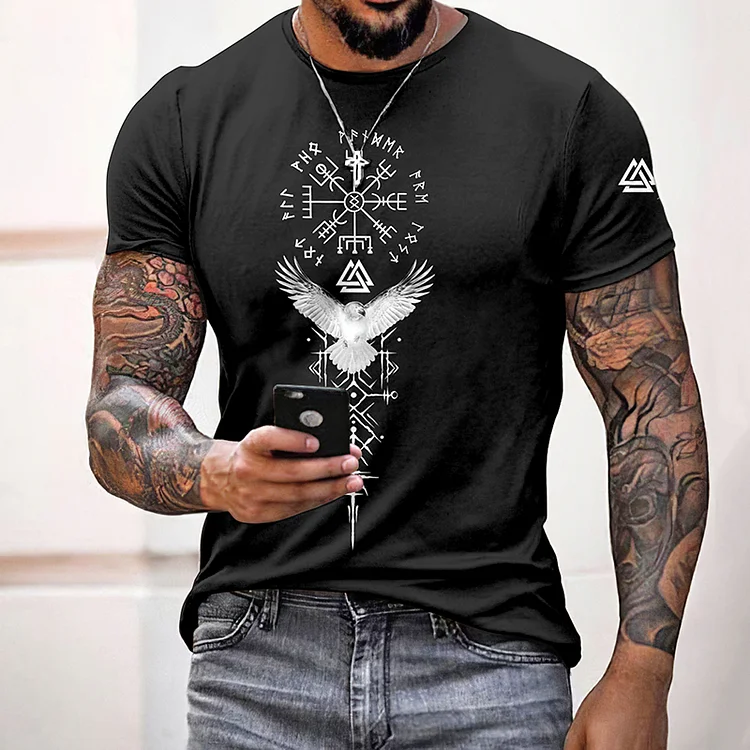 Men's Vintage Viking Raven Runes Birds Graphics T Shirt