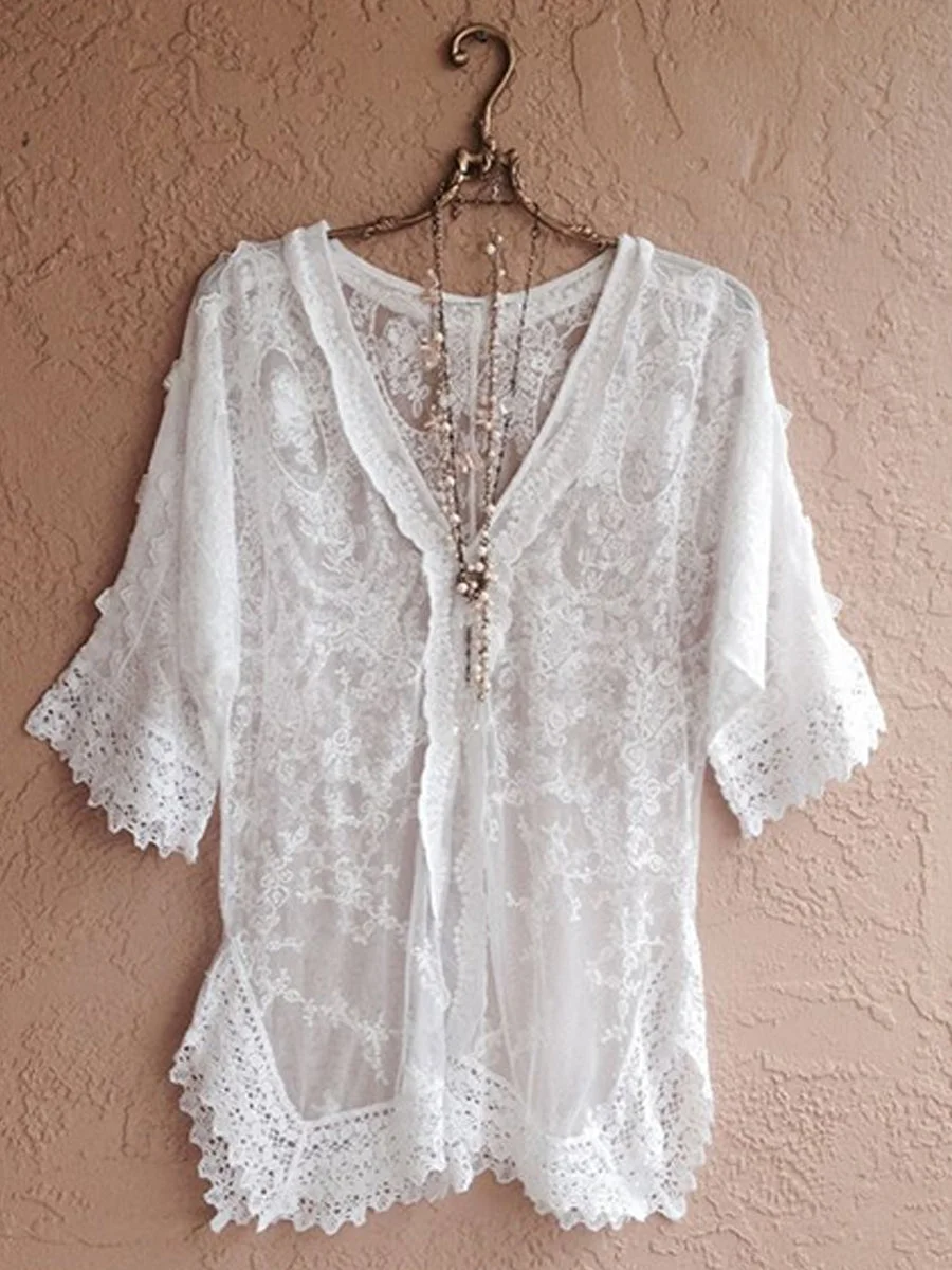 Women's Lace V-neck Floral Sleeves And Hem Casual Linen Top