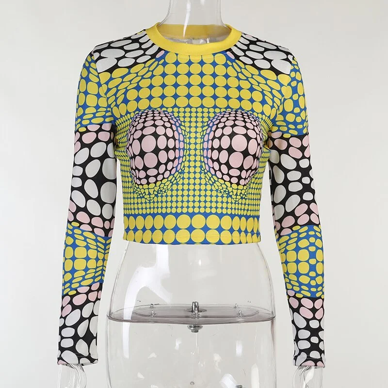 Hugcitar 2021 Women Autumn Long Sleeve 3D Printed Slim Fashion T Shirt Crop Tops Fall Female Clothing Streetwear