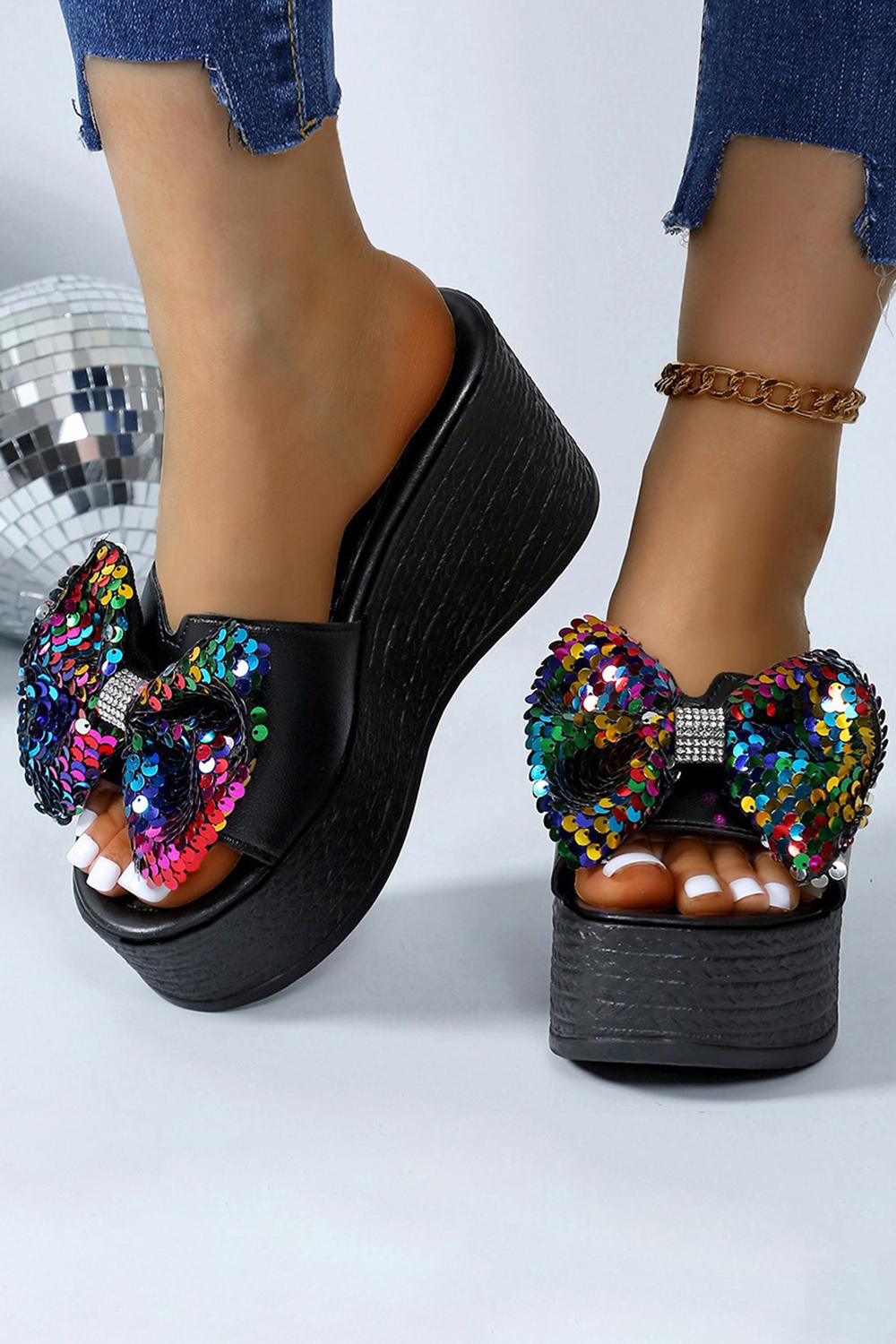 Plus Size Platform Bow Sequin Wedge High-Heeled Sandals