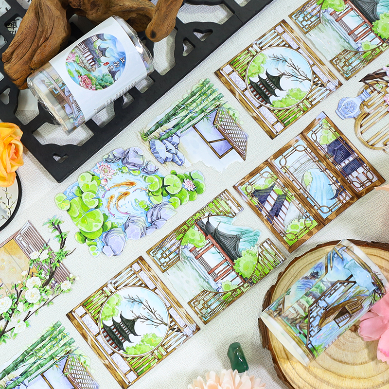 PET 테이프 - 60mm*200cm 빈티지 꽃 연못 정원