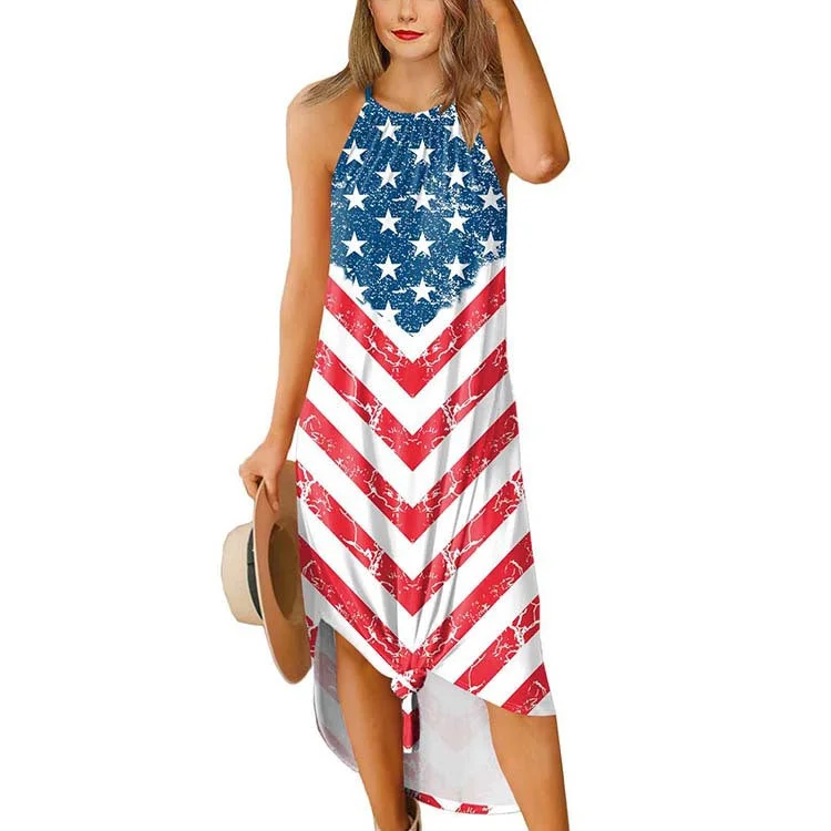 American Patriotic Print Women's Dress Casual Split Suspender Maxi Dress