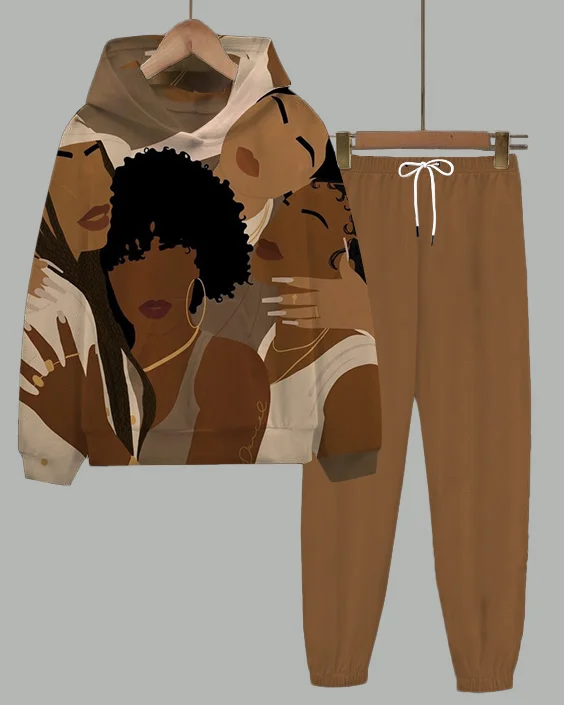Melanin Portrait Long-Sleeved Hoodie and Letter Casual Pants Set