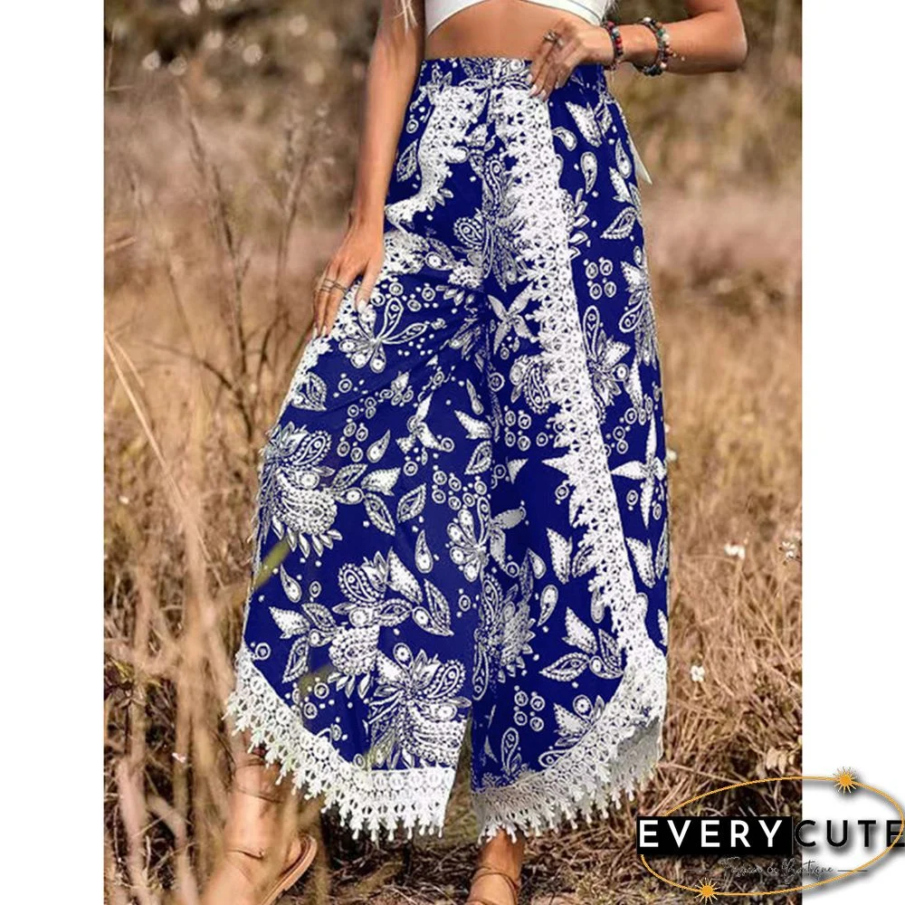 Blue Floral Print Spliced Casual Pants