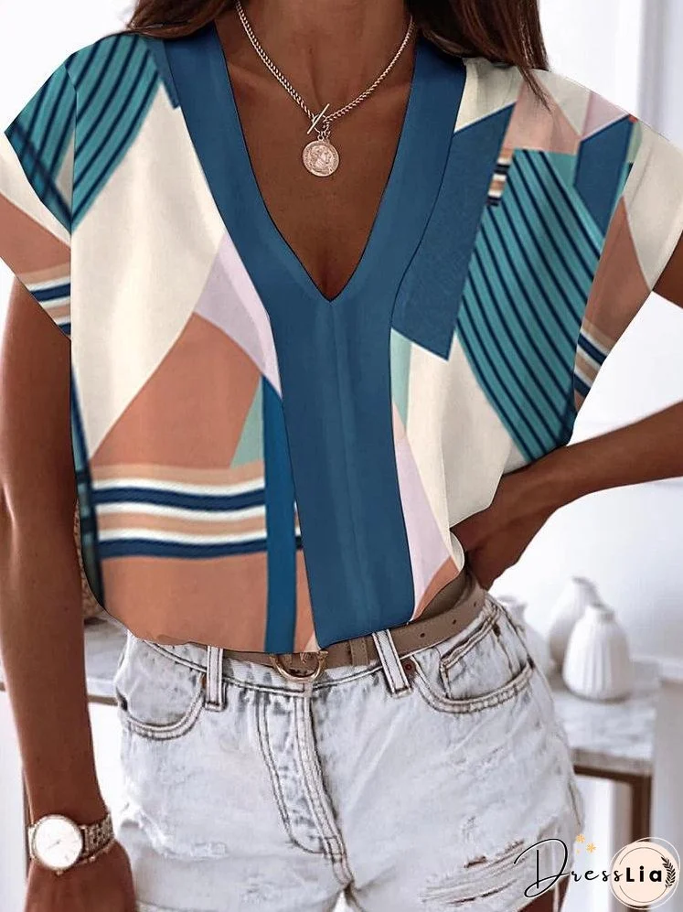 Simple V-Neck Short Sleeve Print Blouses